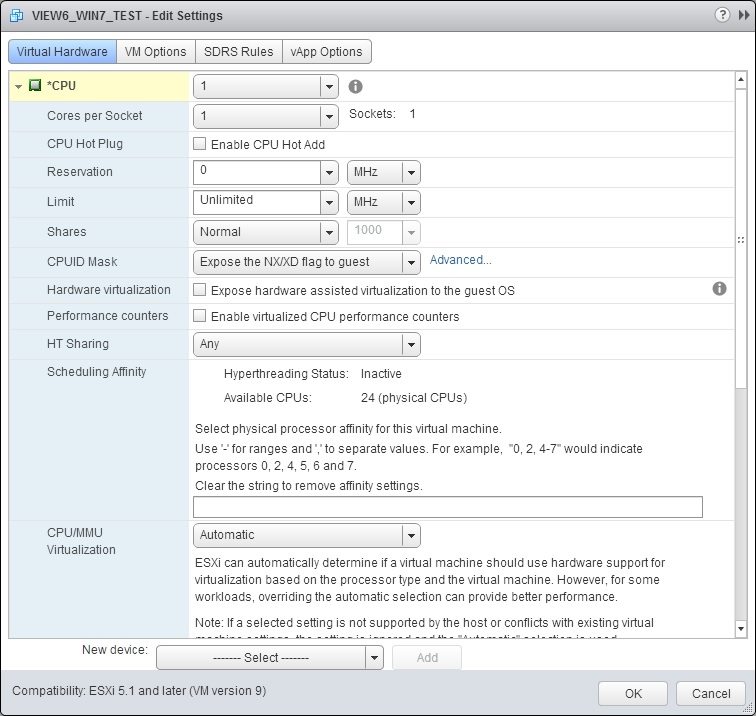 Назначение vCPU для виртуального рабочего стола VMware View